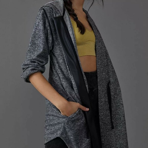 Anthropologie Sweaters - Anthropologie Dolan Gray Hooded Zip Up Leather Trim Tunic Sweater